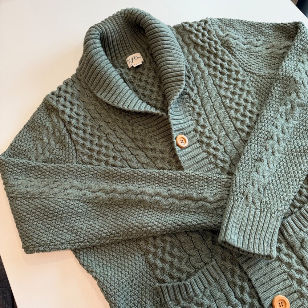 J.Crew Green Cable Knit Cardigan Sweater Shawl Collar Sage Men's Large Fisherman
